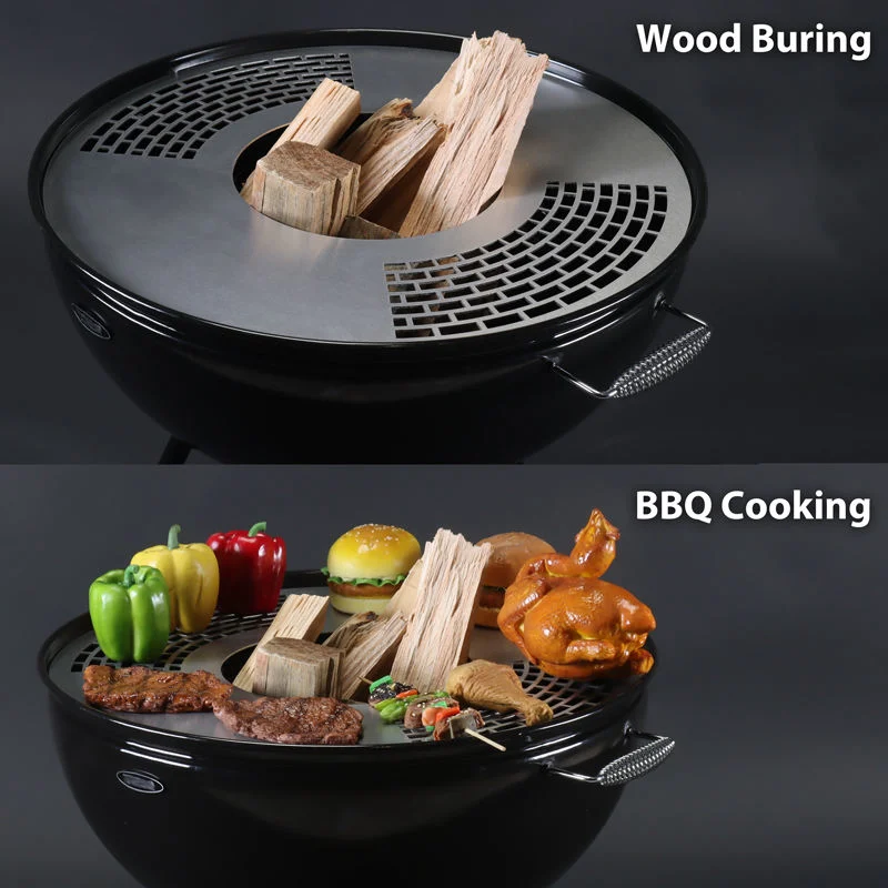 Flat Top Grill Outdoor Mini Wood Burning Barbeque BBQ Grill Firepit Barbecue Black Round Stainless Steel Two Handle Fire Pit